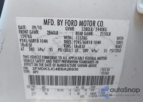2011 Ford Edge Sel z USA, uszkodzony, nr VIN 2FMDK3JC4BBA26930
